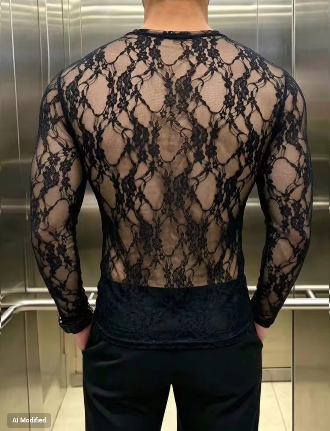 Men's High-Stretch Sheer Floral Lace Crewneck Long Sleeve Fitted T-Shirt